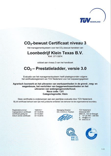 CO2 Certificaat niveau 3 Loonbedrijf Klein Texas BV web